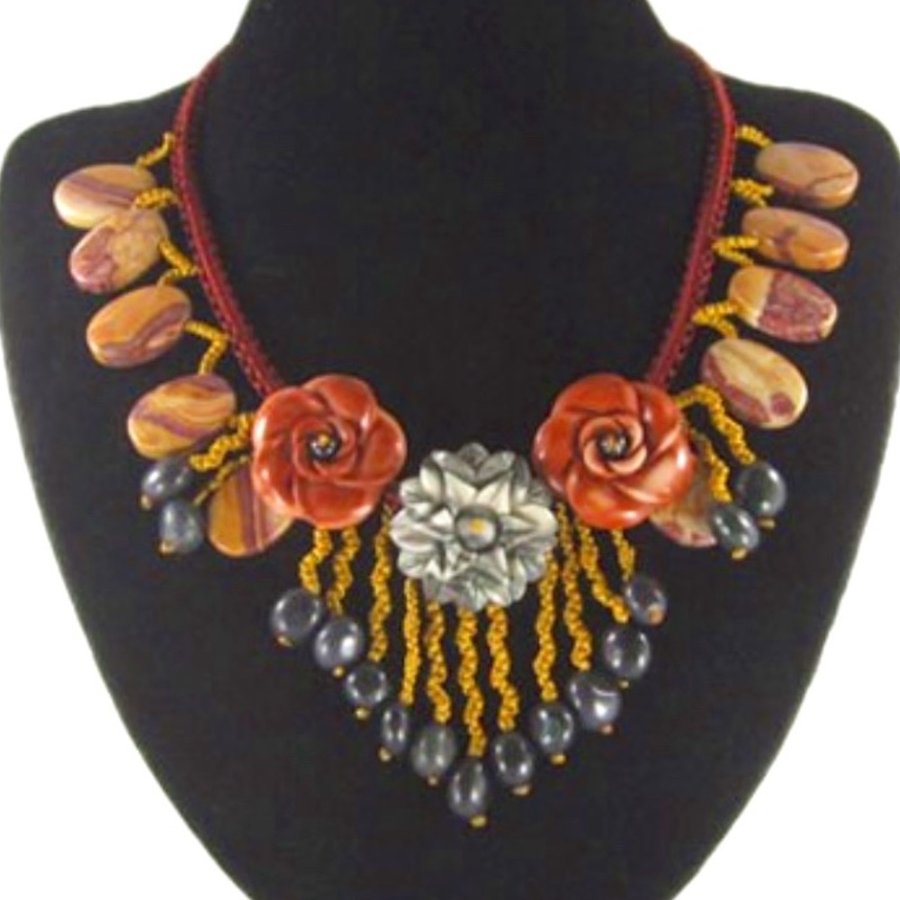 New Hand Crafted Carved Jasper and Wonderstone Crocheted Necklace